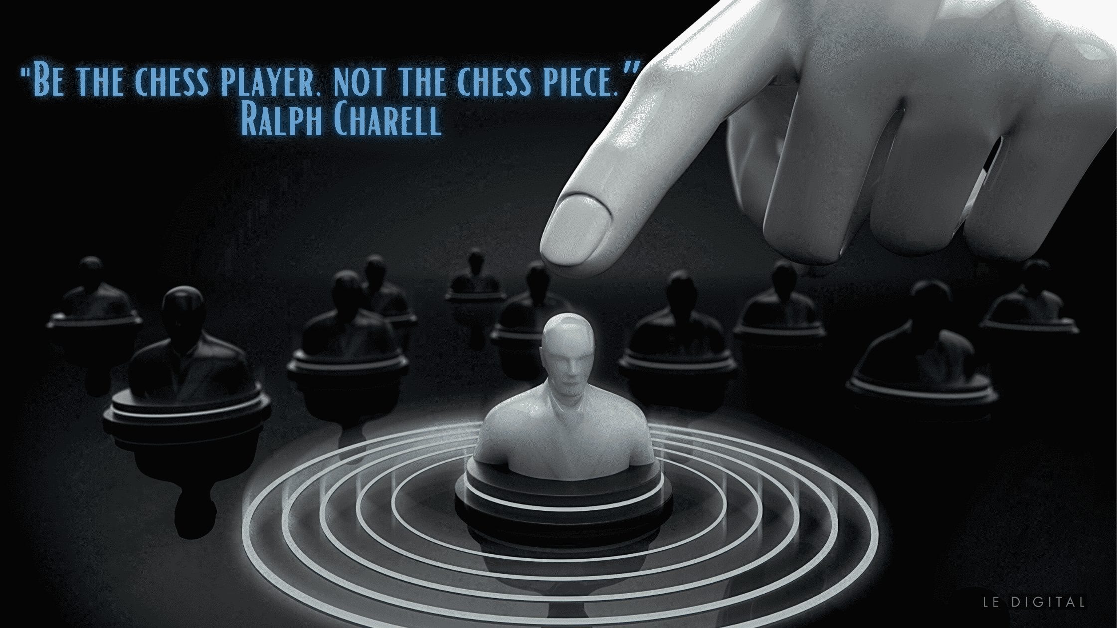 image with a white chess piece and black chess pieces